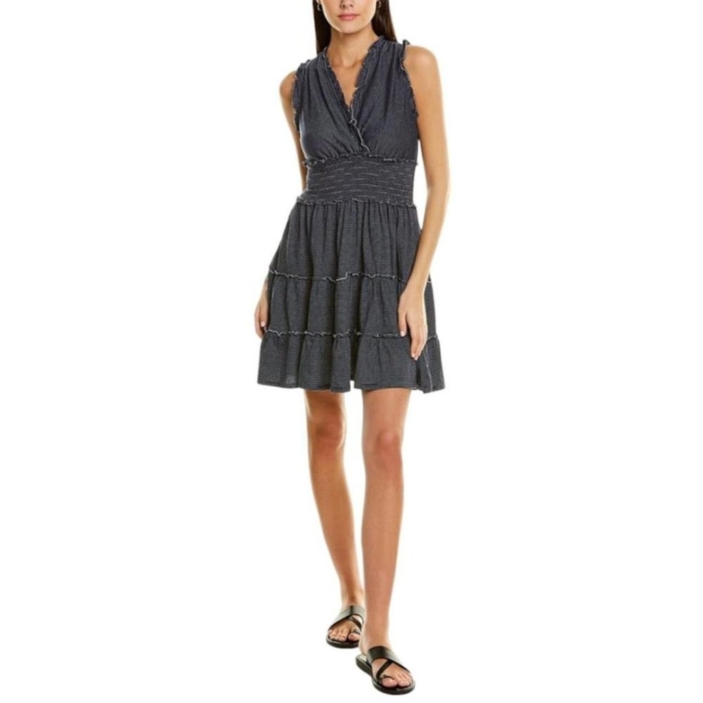 Max Studio Navy Stripe Tiered Ruffled Babydoll Mini Dress Womens L Peasant